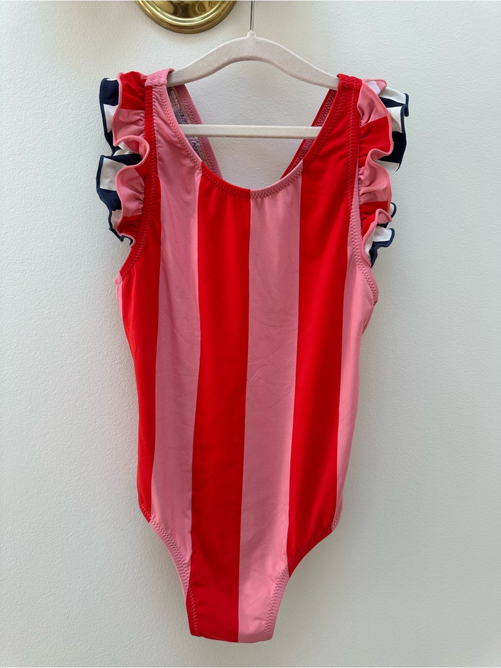 Pink Chicken Red & Pink Vertical Stripe Ruffle-Shoulder One-Piece
